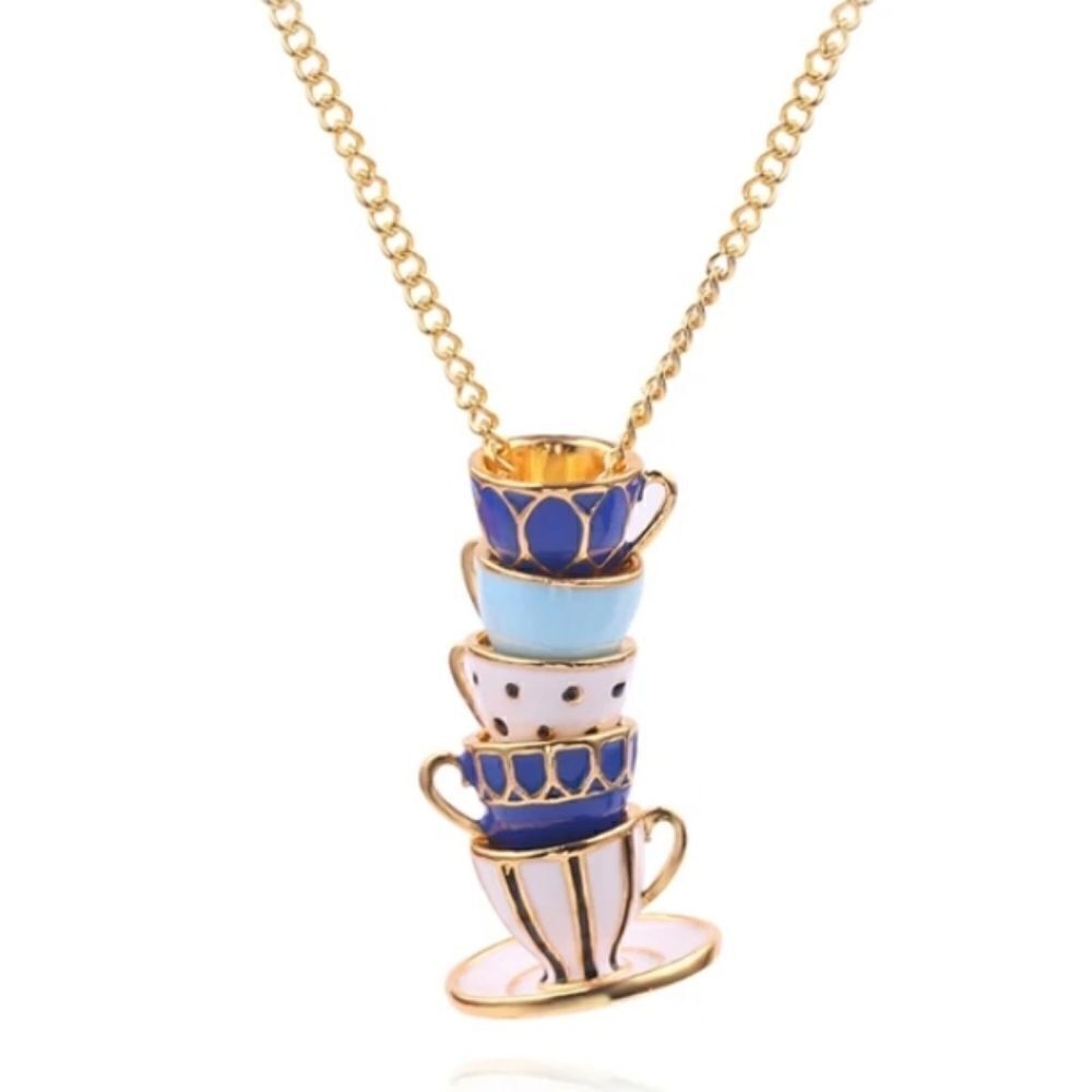 Adorable Hand Painted Enamel Teacups Stacked Necklace